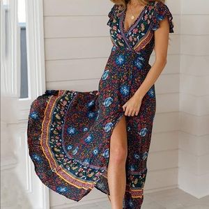 Boho Floral Wrap Maxi Dress Small Blue Pink Cotton V-Neck Beach Vacation